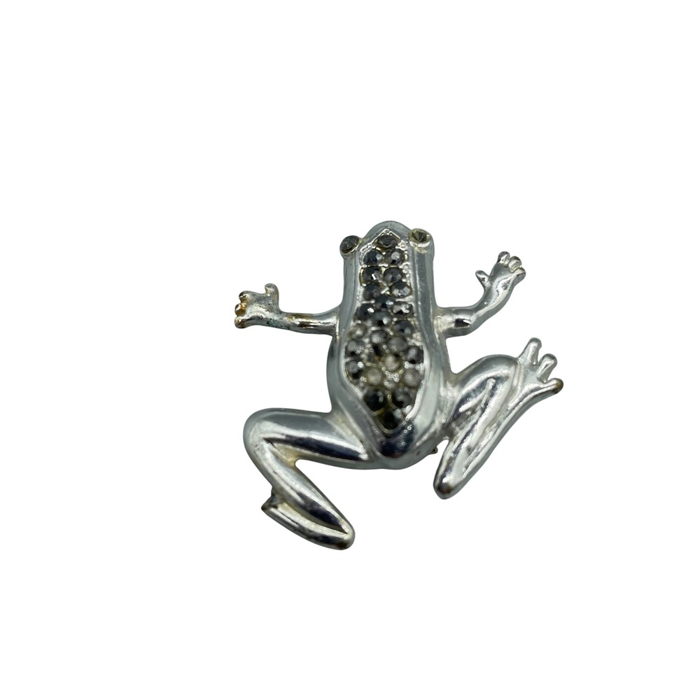 Vintage Silver Tone Rhinestone Frog Brooch Pin Whimsical Animal Jewelry FLAW